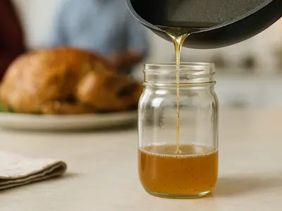 A pan is pouring golden-brown liquid, likely turkey drippings or gravy, into a glass jar on a kitchen counter. In the blurred background, a roasted turkey sits on a plate.