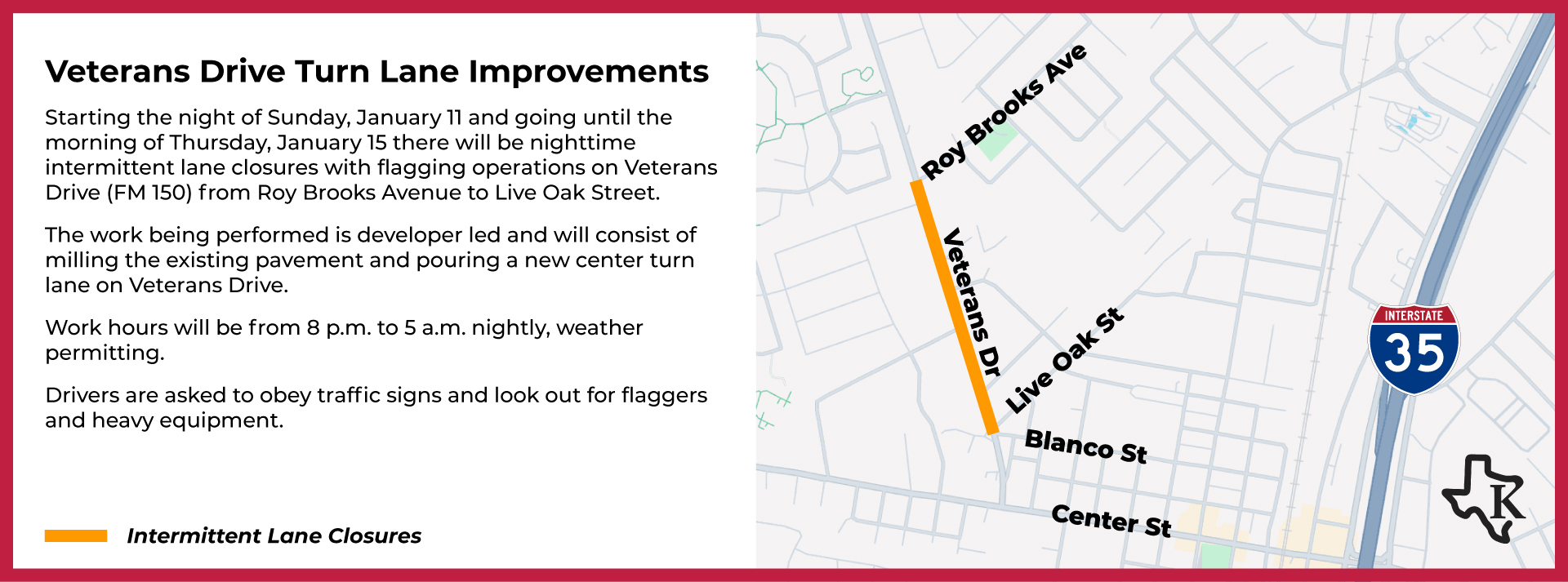 Veterans Drive Nighttime Intermittent Lane Closures