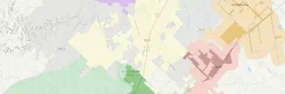 a screenshot of a map showing various city limits in different colors.