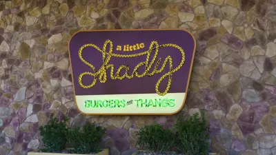 A picture of the 'A Little Shady' neon sign located outside of the new restaurant located in Kyle, TX. 