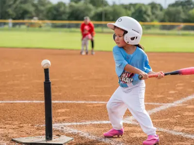 A picture of a young girl with brown hair, a white helmet and a blue and white baseball uniform swings her bat at a ball on a T for Kyle T-ball.